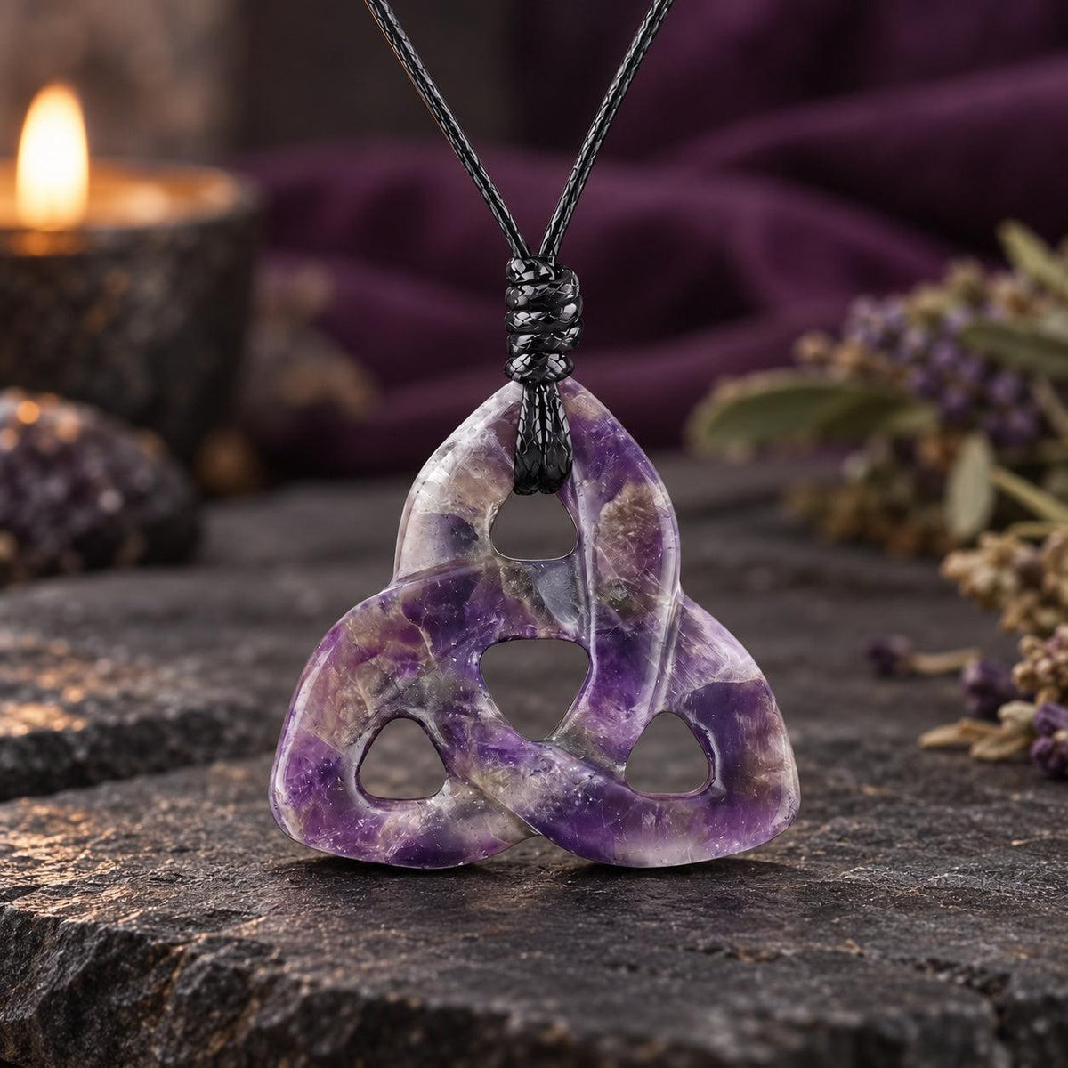 Mottled green and pink triquetra stone pendant on a knotted cord in a witchy altar setting