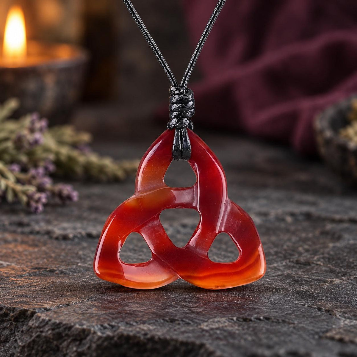 Green triquetra stone pendant on a knotted cord in a witchy altar setting