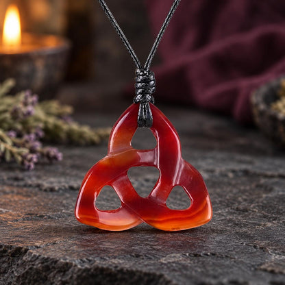 Green triquetra stone pendant on a knotted cord in a witchy altar setting