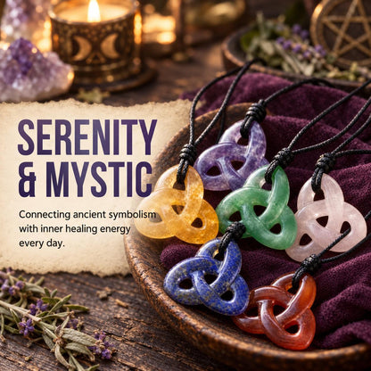 Triquetra crystal pendants on cords with a serenity-themed lifestyle caption in a witchy altar setting