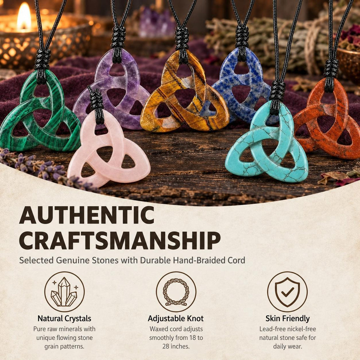 Triquetra stone necklace collection with cord and craftsmanship information in a witchy altar setting