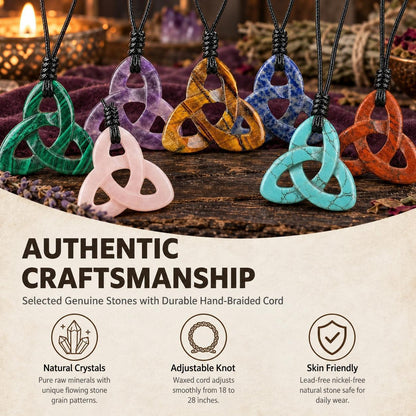 Triquetra stone necklace collection with cord and craftsmanship information in a witchy altar setting