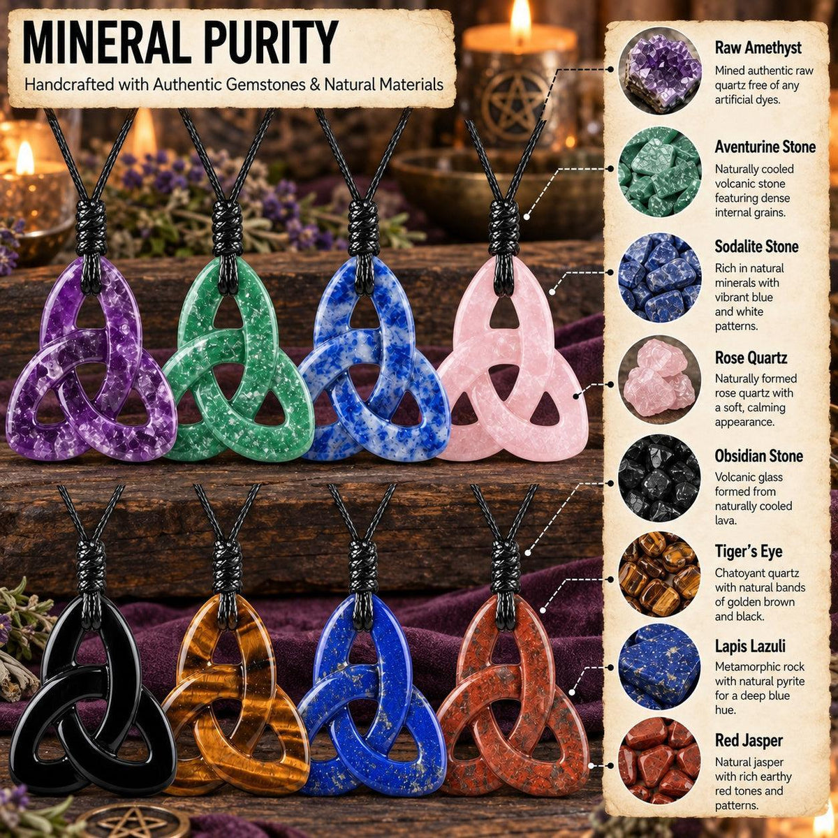 Triquetra crystal necklace chart displaying stone appearances and labeled material information in a witchy altar setting