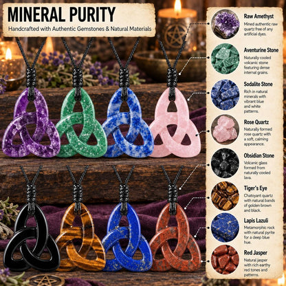 Triquetra crystal necklace chart displaying stone appearances and labeled material information in a witchy altar setting