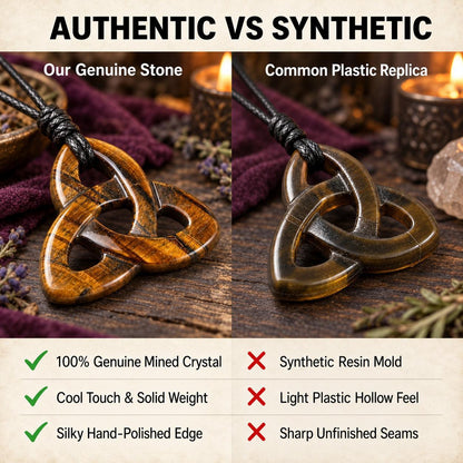 Triquetra pendant comparison graphic describing stone and imitation materials in a witchy altar setting