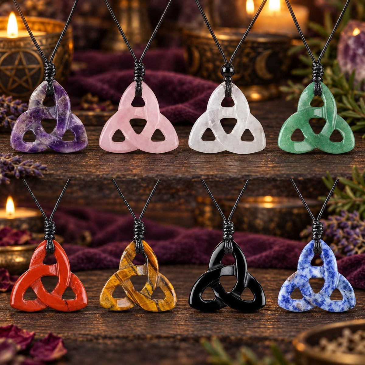 Assorted triquetra stone pendants on cords arranged against a white background in a witchy altar setting