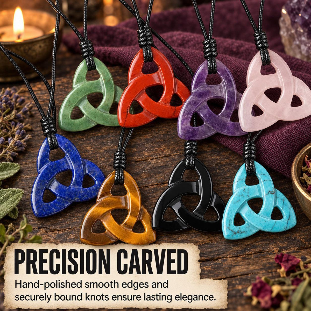 Carved triquetra stone necklaces on cords, arranged on a wooden surface in a witchy altar setting