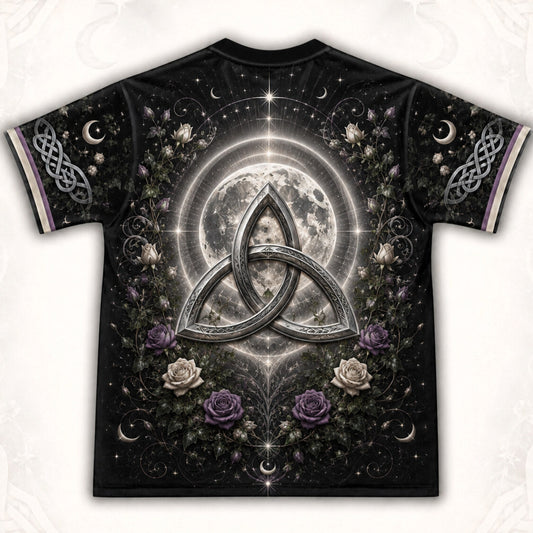 Triquetra Full Moon T-Shirt Celtic Knot Rose Pagan Tee back view