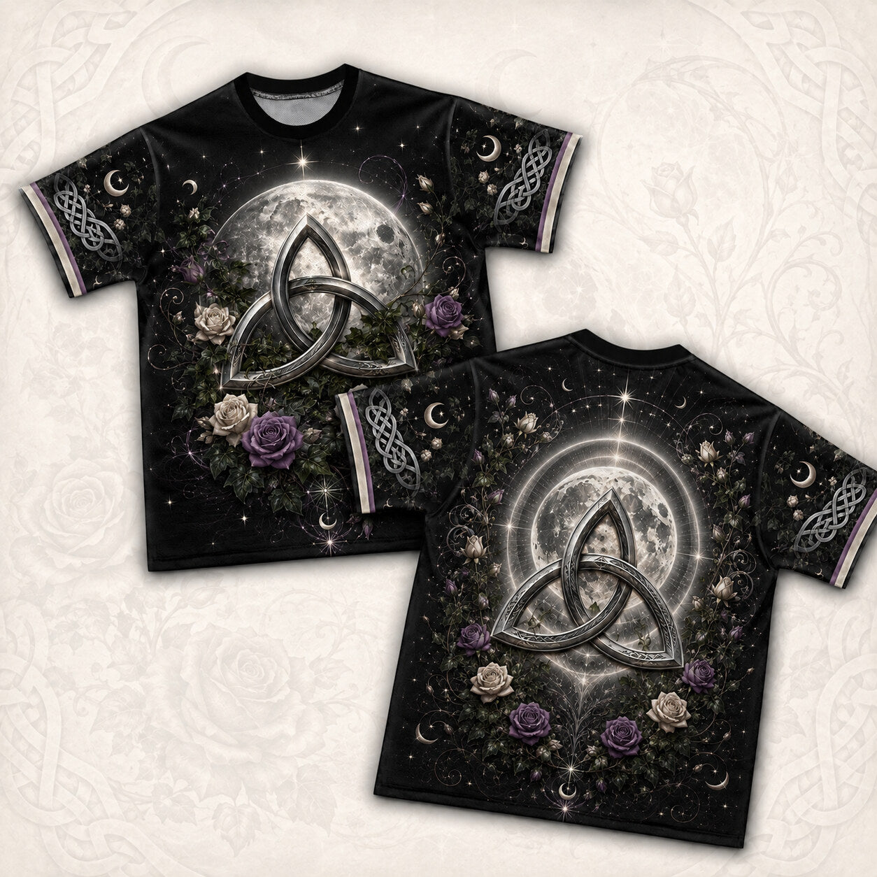 Triquetra Full Moon T-Shirt Celtic Knot Rose Pagan Tee front and back together