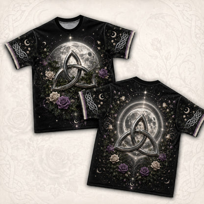 Triquetra Full Moon T-Shirt Celtic Knot Rose Pagan Tee front and back together