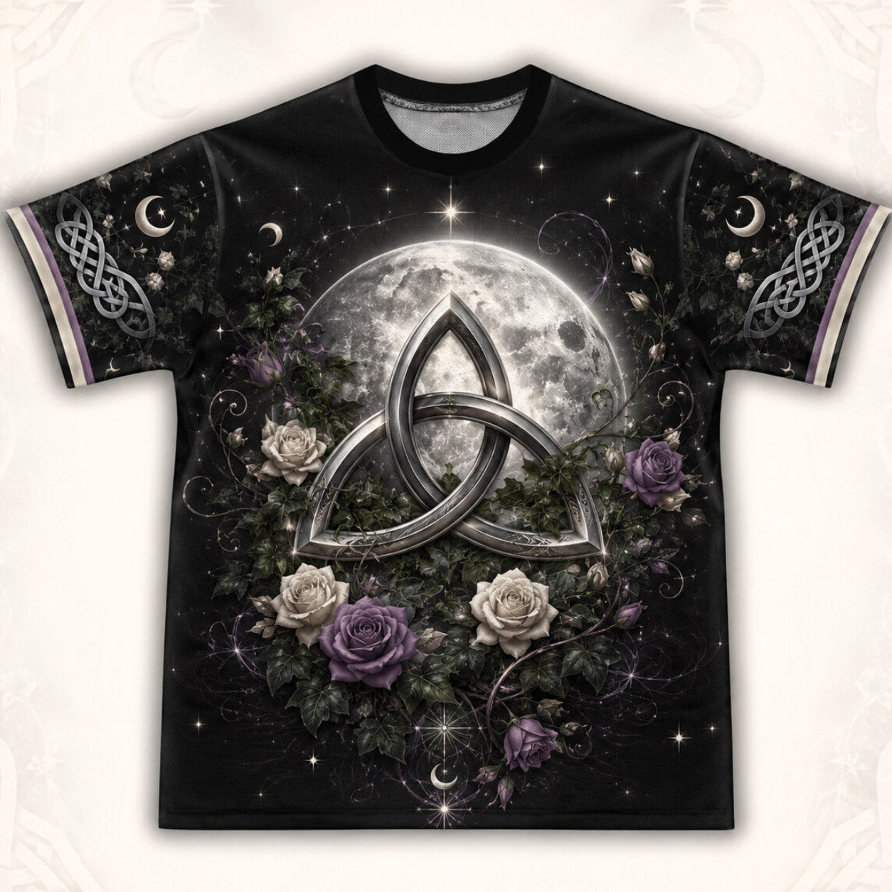 Triquetra Full Moon T-Shirt Celtic Knot Rose Pagan Tee front view