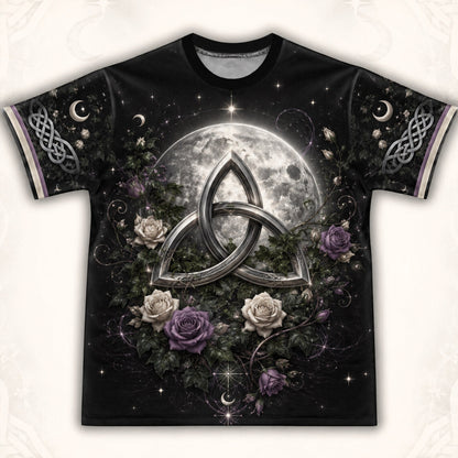 Triquetra Full Moon T-Shirt Celtic Knot Rose Pagan Tee front view