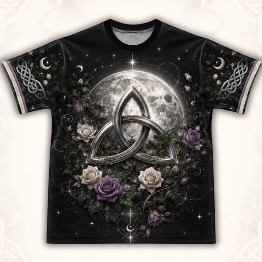 Triquetra Full Moon T-Shirt Celtic Knot Rose Pagan Tee front view