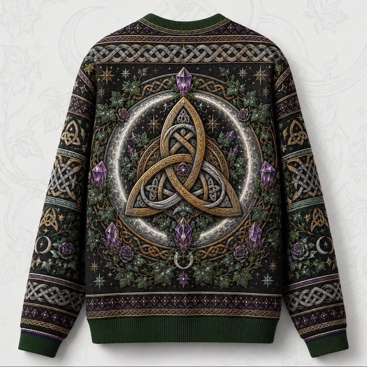 Triquetra Sweater Crescent Amethyst Celtic Knot Green Knit back view