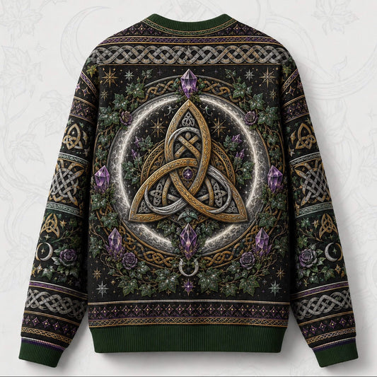 Triquetra Sweater Crescent Amethyst Celtic Knot Green Knit back view