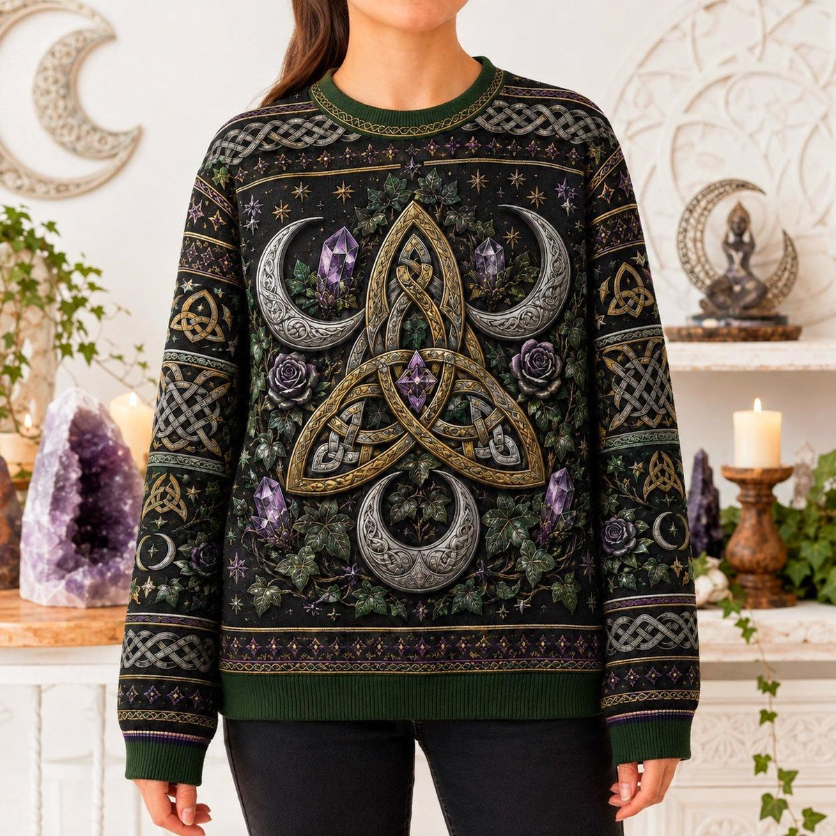 Triquetra Sweater Crescent Amethyst Celtic Knot Green Knit worn, front view