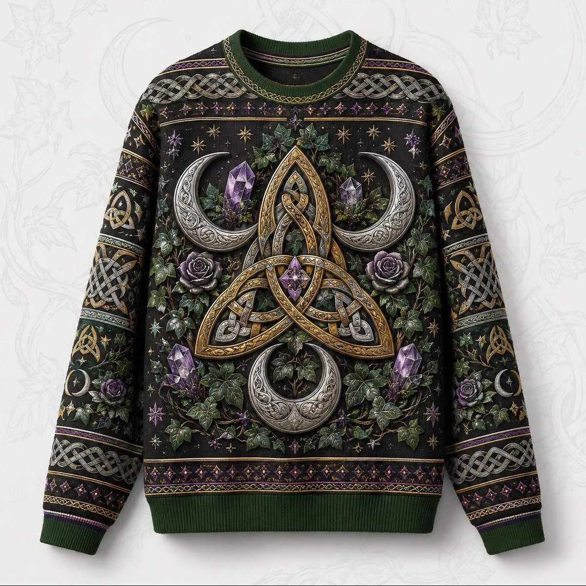 Triquetra Sweater Crescent Amethyst Celtic Knot Green Knit front view