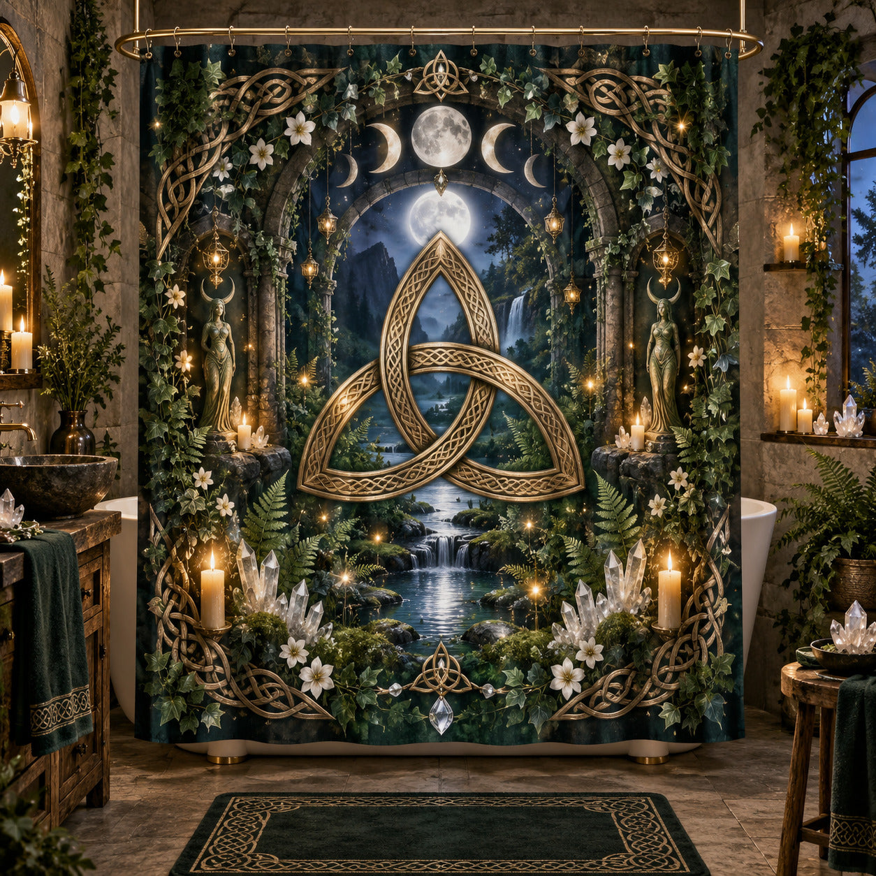 Triquetra Shower Curtain - Celtic Knot Moon Pagan Decor