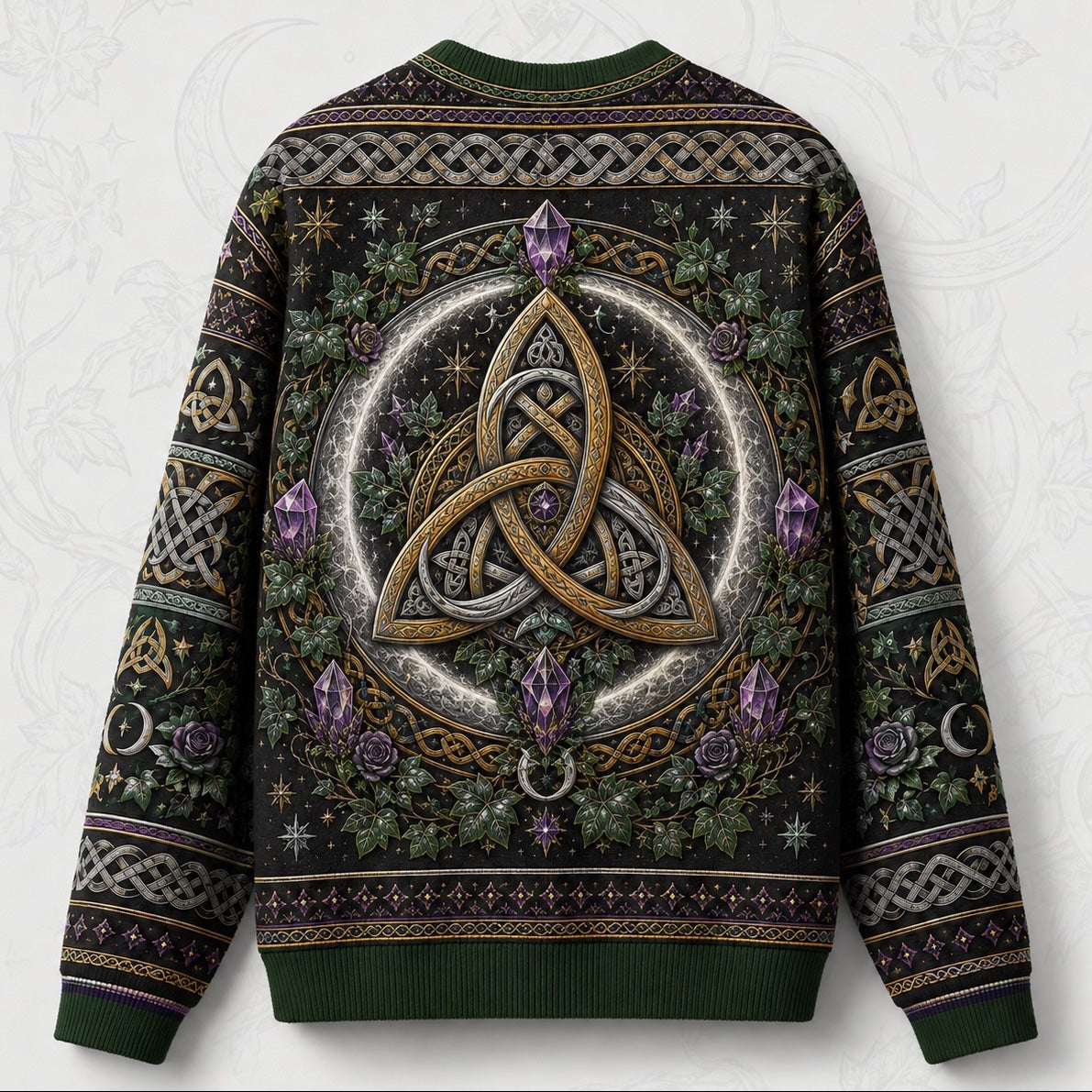 Triquetra Sweater Crescent Amethyst Celtic Knot Green Knit back view