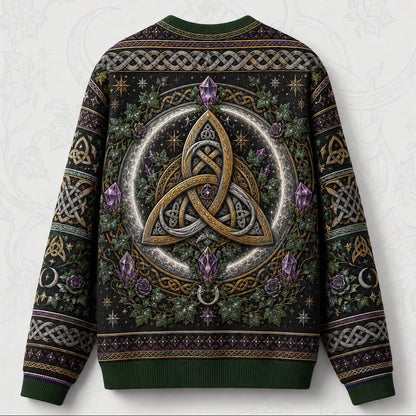 Triquetra Sweater Crescent Amethyst Celtic Knot Green Knit back view