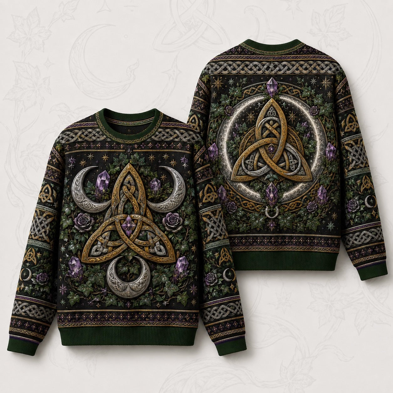 Triquetra Sweater Crescent Amethyst Celtic Knot Green Knit front and back together