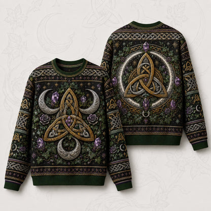 Triquetra Sweater Crescent Amethyst Celtic Knot Green Knit front and back together
