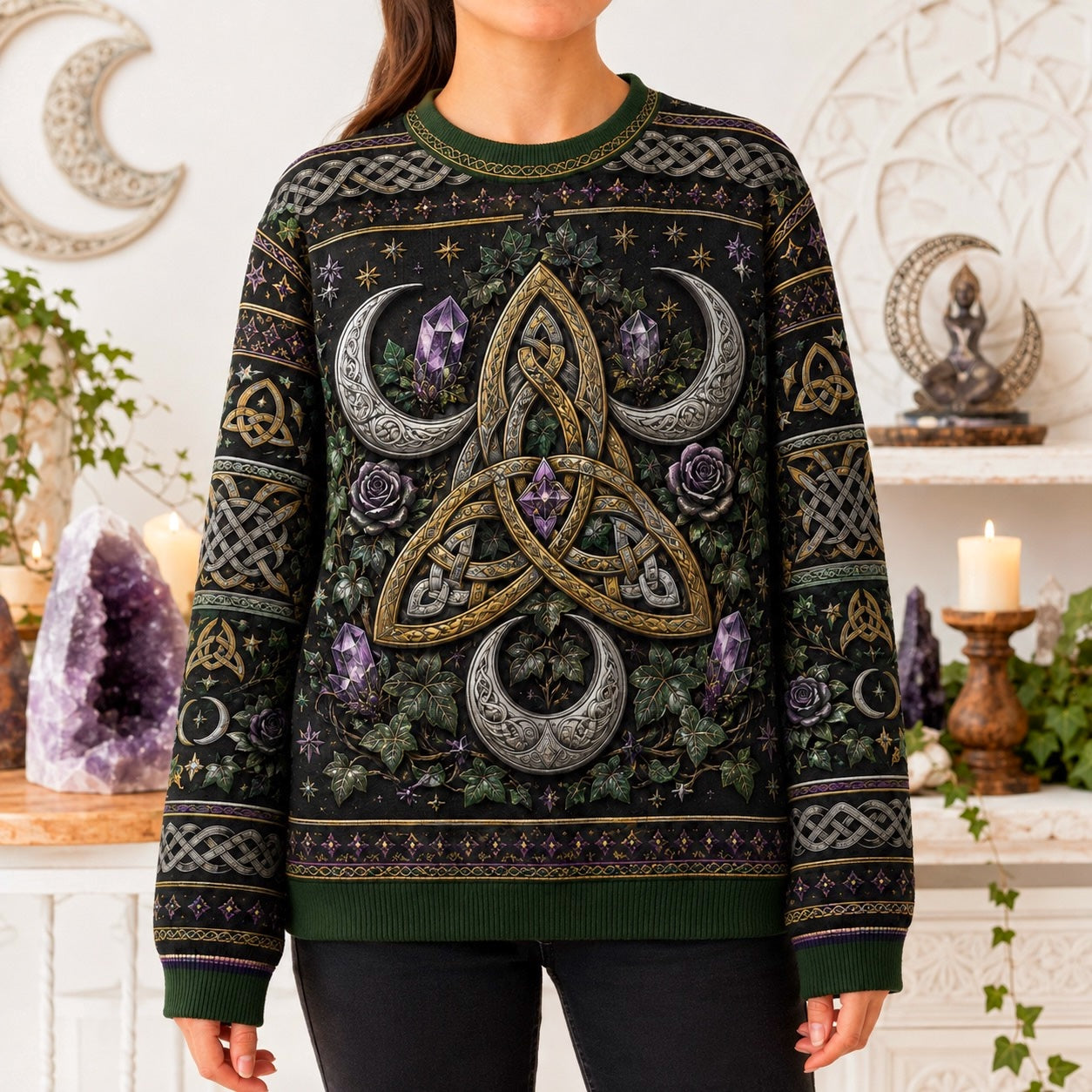 Triquetra Sweater Crescent Amethyst Celtic Knot Green Knit worn, front view