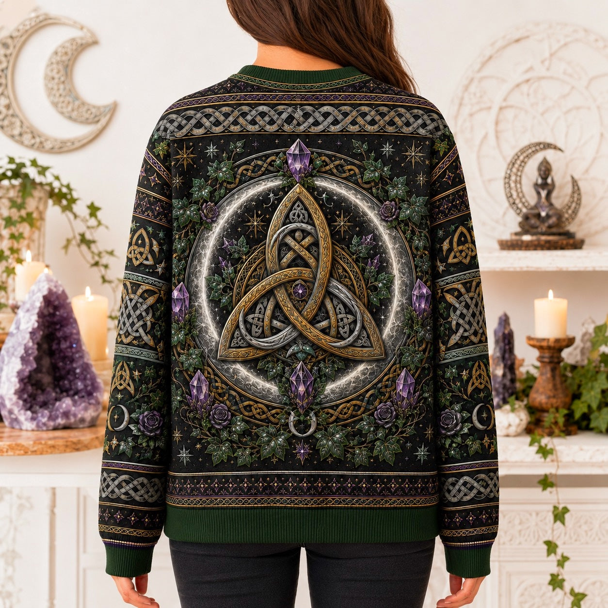 Triquetra Sweater Crescent Amethyst Celtic Knot Green Knit worn, back view