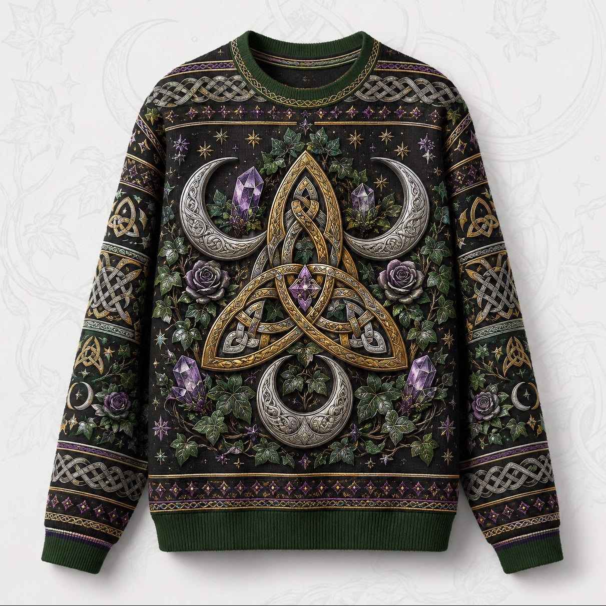 Triquetra Sweater Crescent Amethyst Celtic Knot Green Knit front view