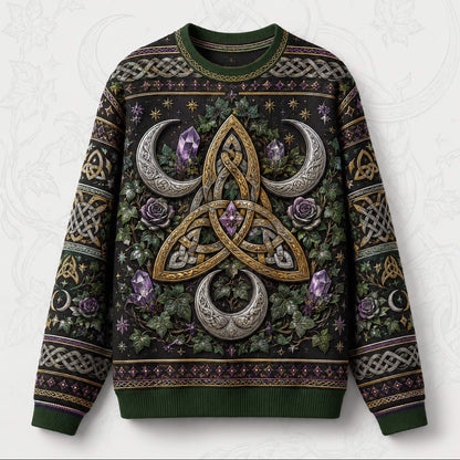 Triquetra Sweater Crescent Amethyst Celtic Knot Green Knit front view