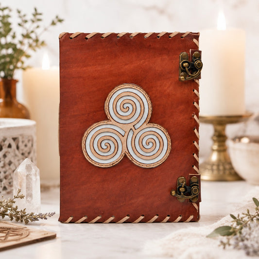 Triskele Cut-Work Leather Journal – Handmade Pagan Grimoire with Dual Locks – leather journal, back cover view