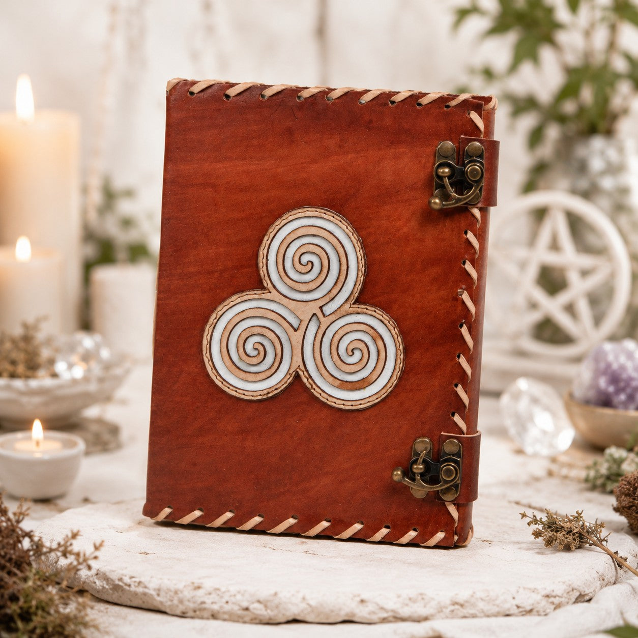 Triskele Cut-Work Leather Journal – Handmade Pagan Grimoire with Dual Locks – leather journal, open blank pages view