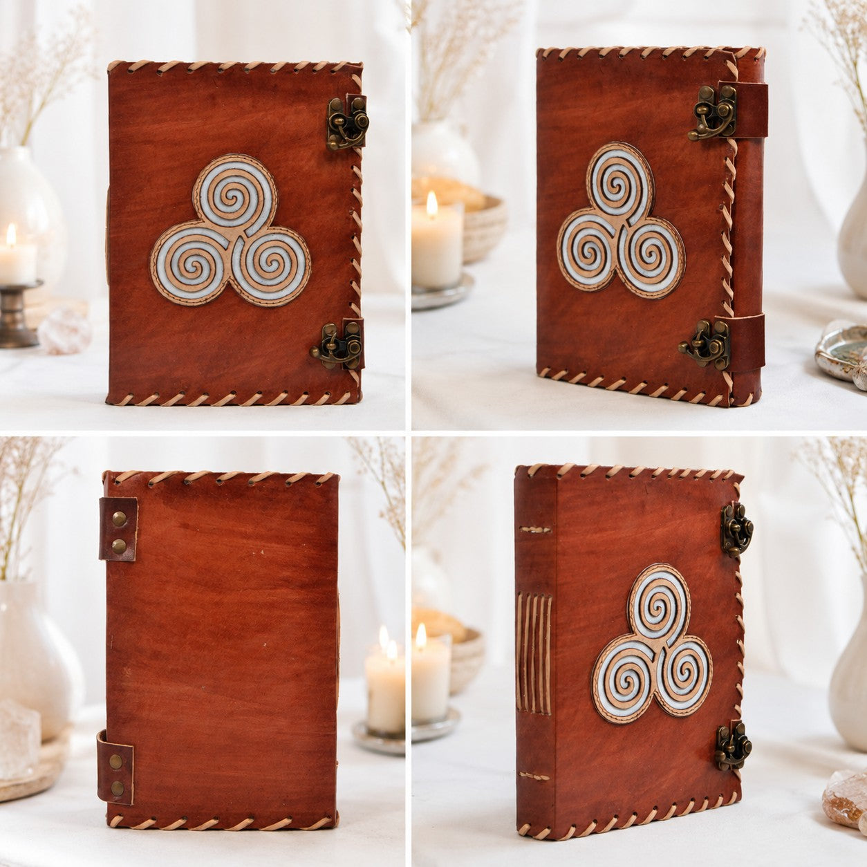 Triskele Cut-Work Leather Journal – Handmade Pagan Grimoire with Dual Locks – leather journal, close-up cover detail