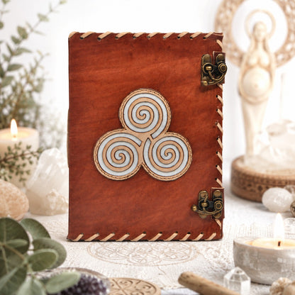 Triskele Cut-Work Leather Journal – Handmade Pagan Grimoire with Dual Locks – leather journal, size and scale view