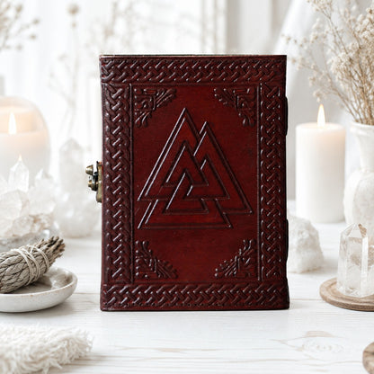 Triskele Leather Journal – Handmade Pagan Grimoire with Kraft Pages – leather journal, back cover view