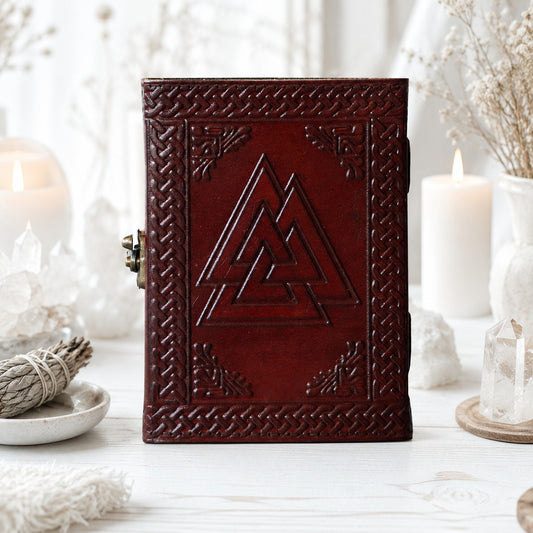 Triskele Leather Journal – Handmade Pagan Grimoire with Kraft Pages – leather journal, back cover view