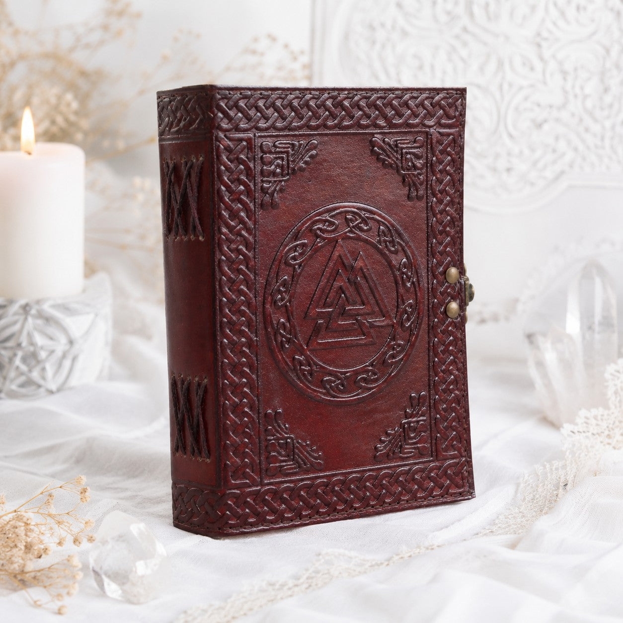Triskele Leather Journal – Handmade Pagan Grimoire with Kraft Pages – leather journal, open blank pages view
