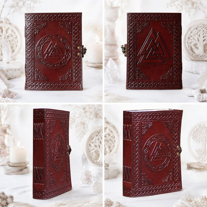 Triskele Leather Journal – Handmade Pagan Grimoire with Kraft Pages – leather journal, close-up cover detail