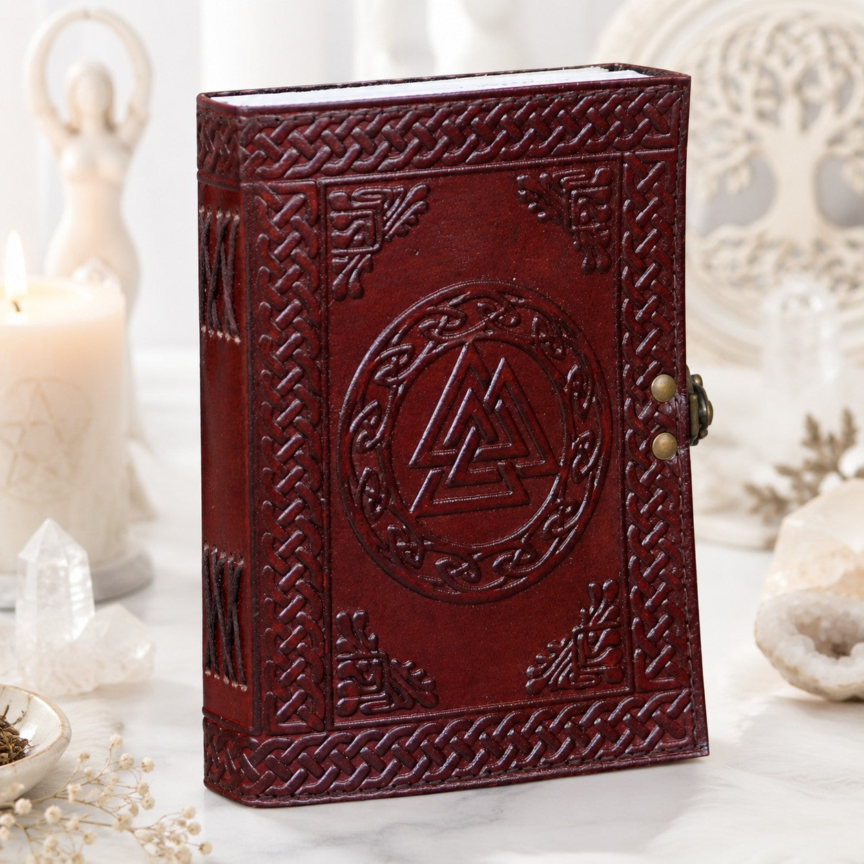 Triskele Leather Journal – Handmade Pagan Grimoire with Kraft Pages – leather journal, front cover view