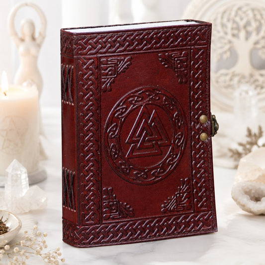 Triskele Leather Journal – Handmade Pagan Grimoire with Kraft Pages – leather journal, front cover view