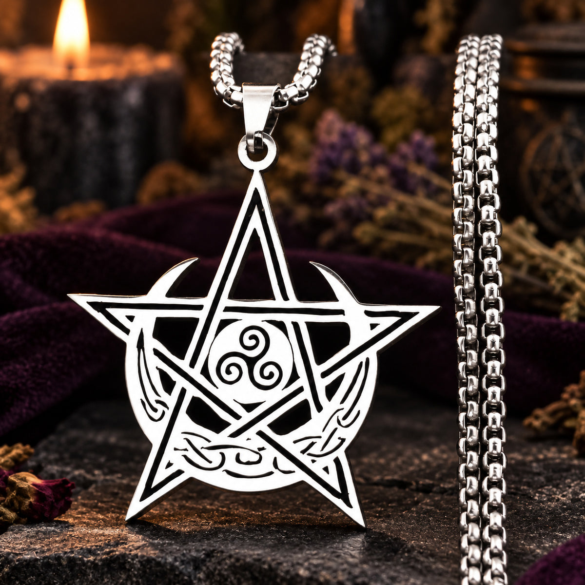Triskele Pentacle Moon Necklace — ritual scene detail 2