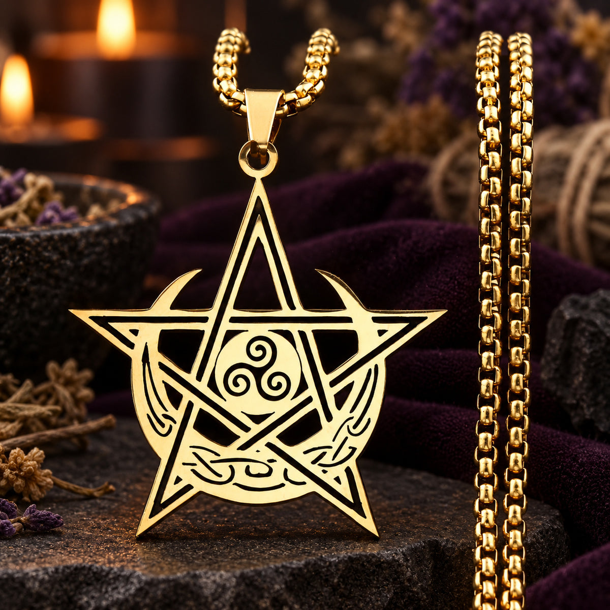 Triskele Pentacle Moon Necklace — ritual scene detail 3