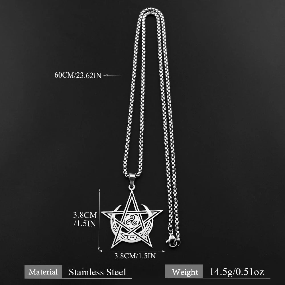Pendant and chain measurement diagram: Triskele Pentacle Moon Necklace in Stainless Steel, featuring an open pentacle, triple spiral center and crescent moon knotwork.