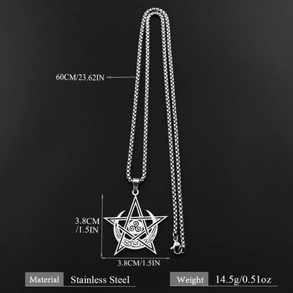 Pendant and chain measurement diagram: Triskele Pentacle Moon Necklace in Stainless Steel, featuring an open pentacle, triple spiral center and crescent moon knotwork.