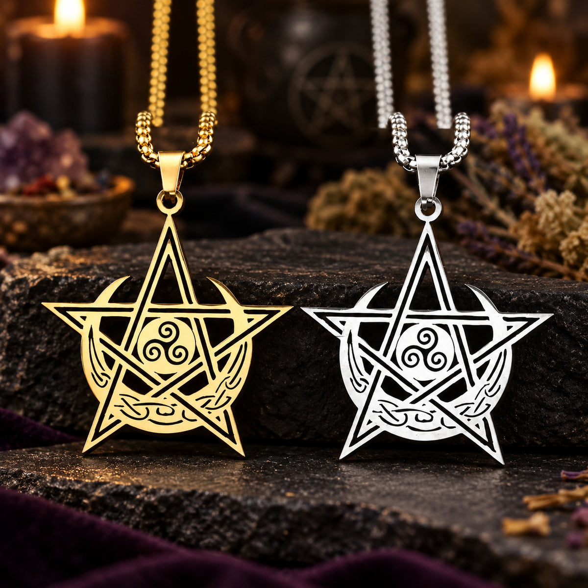 Triskele Pentacle Moon Necklace — ritual scene detail 1
