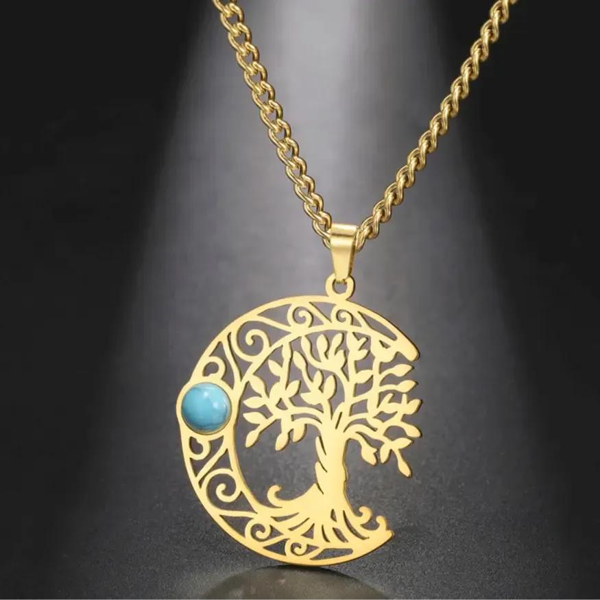 Turquoise Crescent Moon Tree of Life Necklace Celtic Moon Wiccan Jewelry-MoonChildWorld