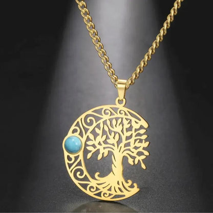 Turquoise Crescent Moon Tree of Life Necklace Celtic Moon Wiccan Jewelry-MoonChildWorld