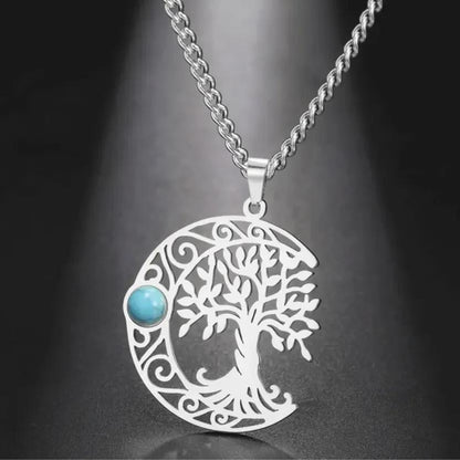 Turquoise Crescent Moon Tree of Life Necklace Celtic Moon Wiccan Jewelry-MoonChildWorld