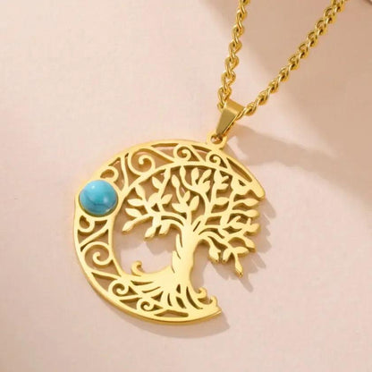 Turquoise Crescent Moon Tree of Life Necklace Celtic Moon Wiccan Jewelry-MoonChildWorld