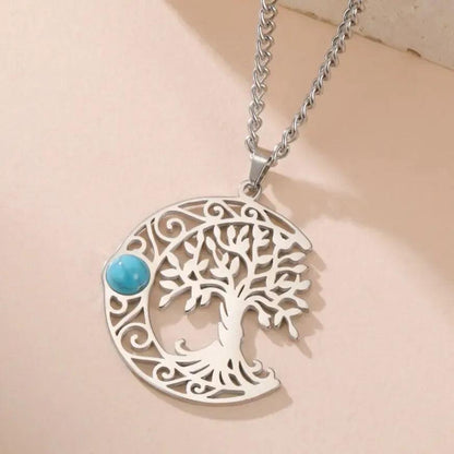 Turquoise Crescent Moon Tree of Life Necklace Celtic Moon Wiccan Jewelry-MoonChildWorld